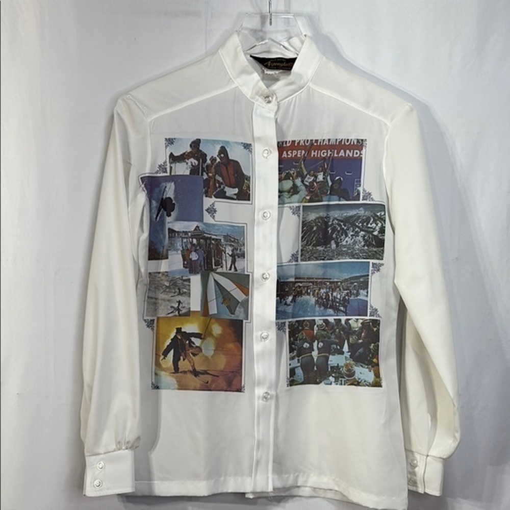 🦷 Aspenglo vintage retro photo Button Down Blouse with Mandarin Collar